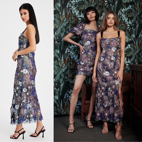 ELLIATT Floral Iridescent Sequin Mesh Midi Dress Medium - Picture 16 of 16